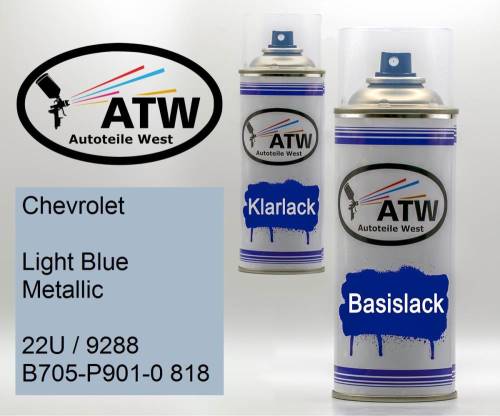 Chevrolet, Light Blue Metallic, 22U / 9288 B705-P901-0 818: 400ml Sprühdose + 400ml Klarlack - Set, von ATW Autoteile West.
